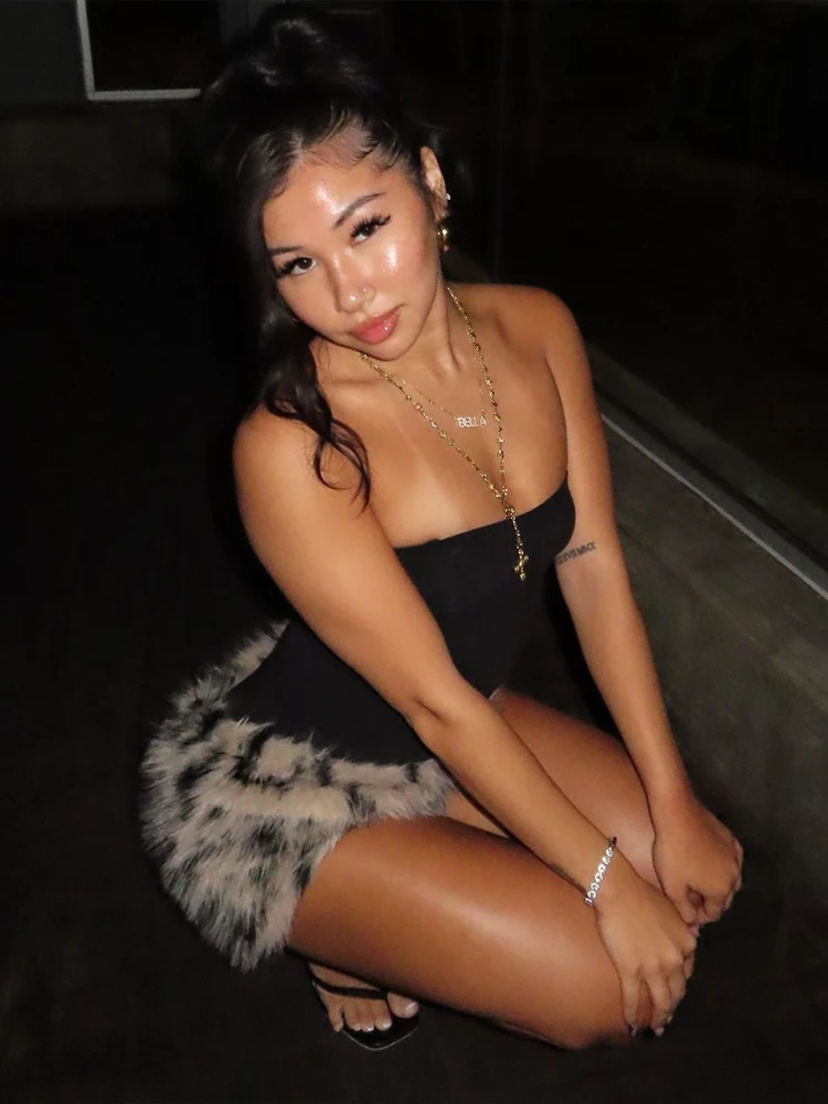 Nibber Patchwork Leopard Print Plush Hem Dress Sleeveless Sexy Midnight Hottie Clubwear Wild Fashion Skinny Coquett Mini Bodycon