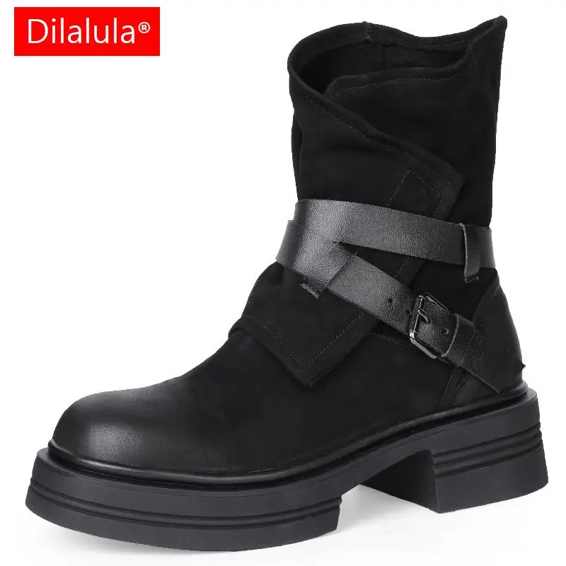 

Dilalula Brand Design Fashion Women Ankle Boots Retro Style Buckle Genuine Leather Thick Heels Shoes Woman Autumn Winter Newest