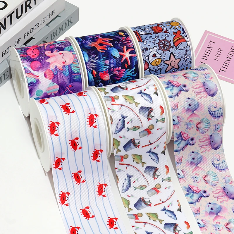 5Yards Marine Organism Printed Grosgrain Ribbons Hair Bows DIY Handmade Materials 89069