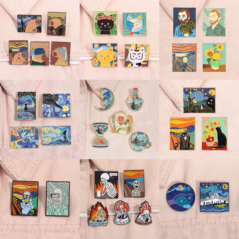 Enamel Pins 3-5pcs/set Van Gogh Oil Painting Series The Scream Starry Sky Sunflowers Art Brooches Lapel Badge Jewelry Gifts