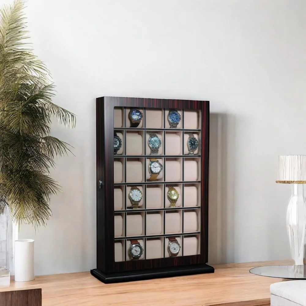 30 piece ebony wood personalized watch display wall hanging case and storage organizer box and stand