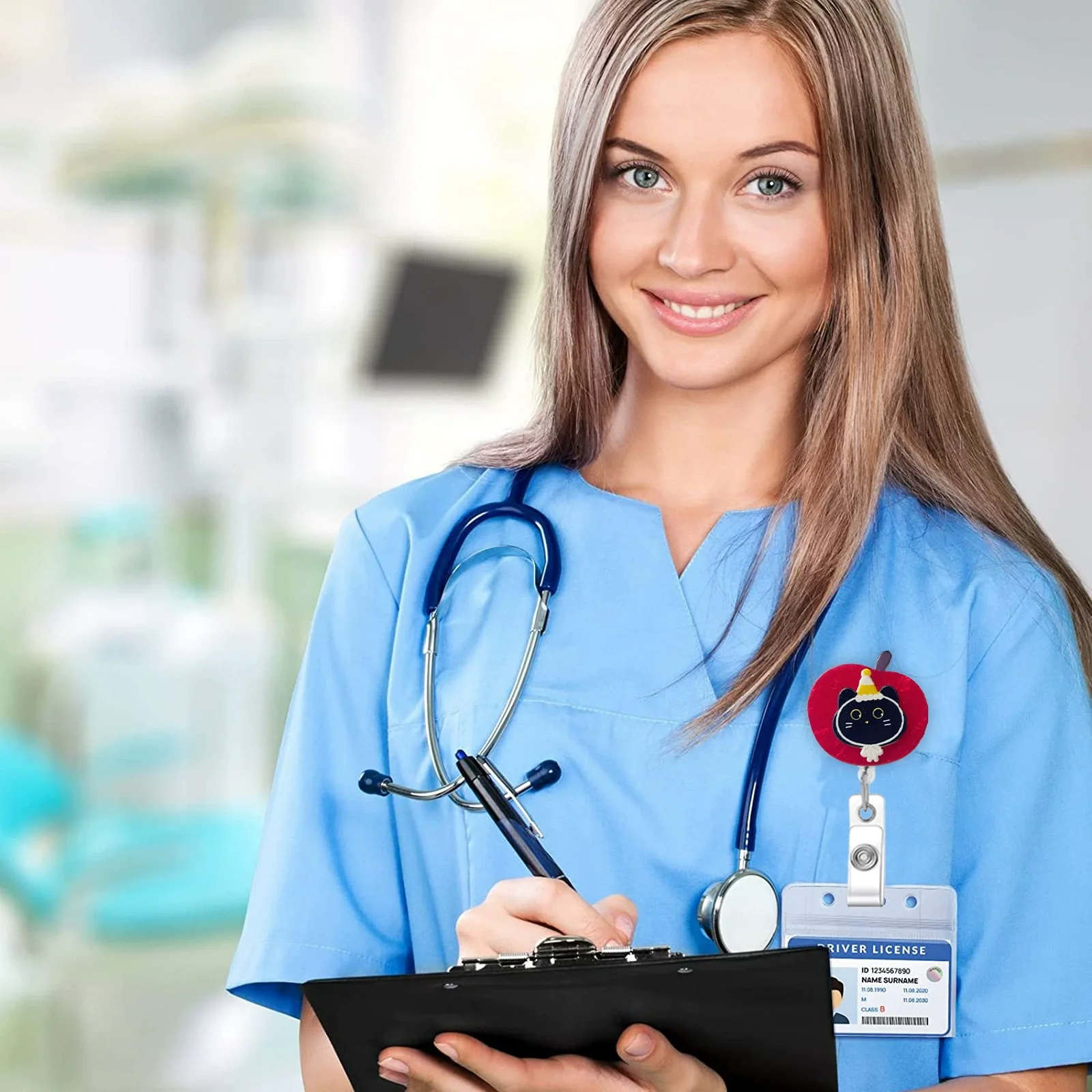 New Red Apple Retractable Nurse Badge Scroll Cute Little Black Cat Student Worker Name Tag Id Card Holder Key Lanyard