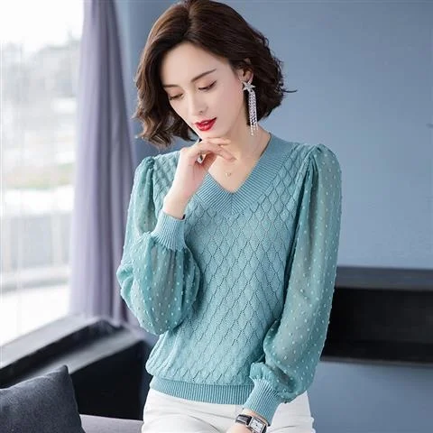 

2023 Elegant Women's Long Sleeve Blouses Tops Casual Crochet Hollow Out Turtleneck Stylish Cropped Shirts Female Pullovers P313