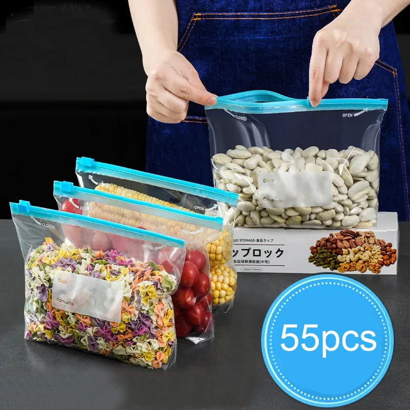

55PCS Reusable Food Freezer Bag Stand Up Storage Leakproof Top Kitchen Organizer Fresh Shut Wrap Ziplock