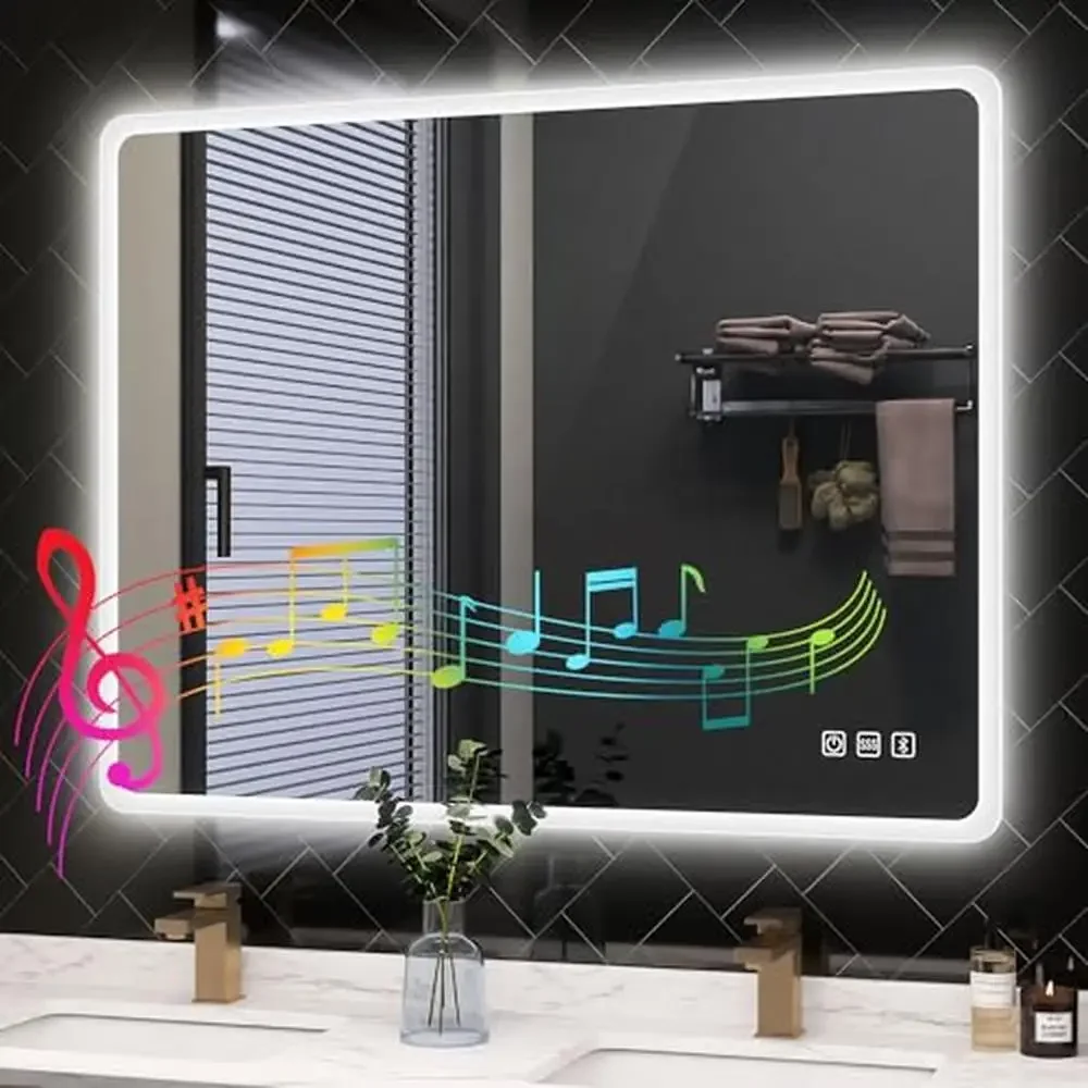 28x36in Rectangular LED Bathroom Mirror with Bluetooth Speaker Anti-Fog Wall Mounted