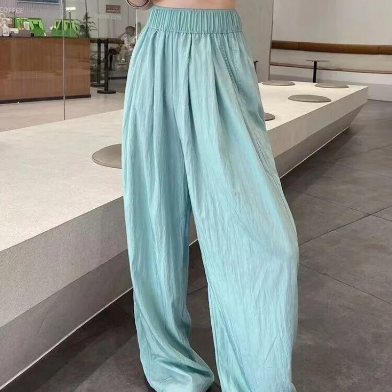 Lazy Casual Cotton Linen Wide Leg Summer Women's 2024 Patchwork High Waisted Elastic Pocket Solid Color Loose Versatile Pants high waisted trendy pants lazy new micro flared jeans artistic harajuku jeans versatile women s trendy jeans