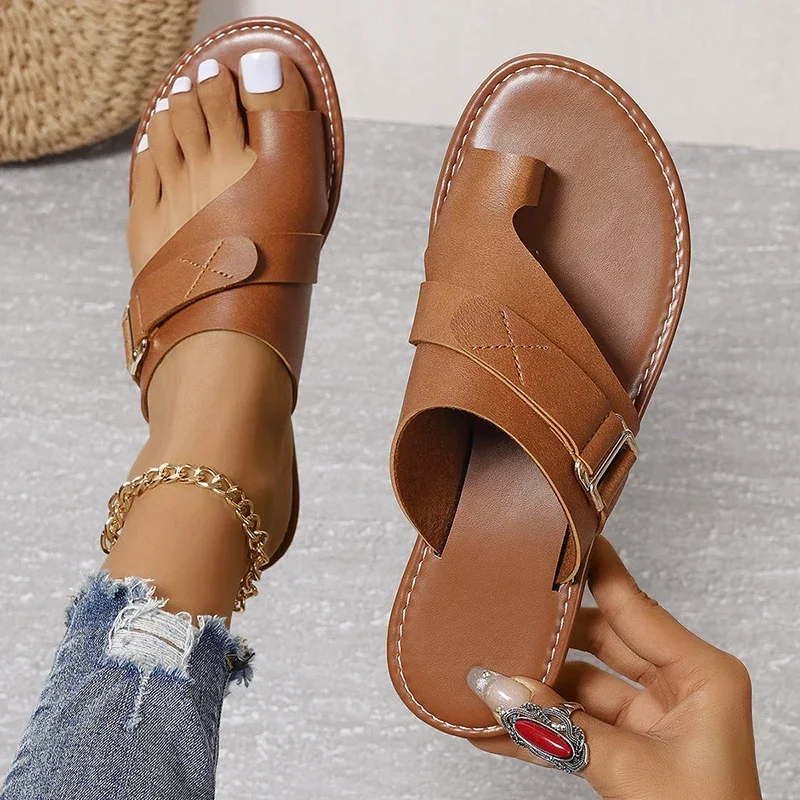 Women Sandals Outside Casual Beach Women Shoes Summer New Flats Flip Flop Sandals Walking Clip Toe Roman Buckle Ladies Slides 1