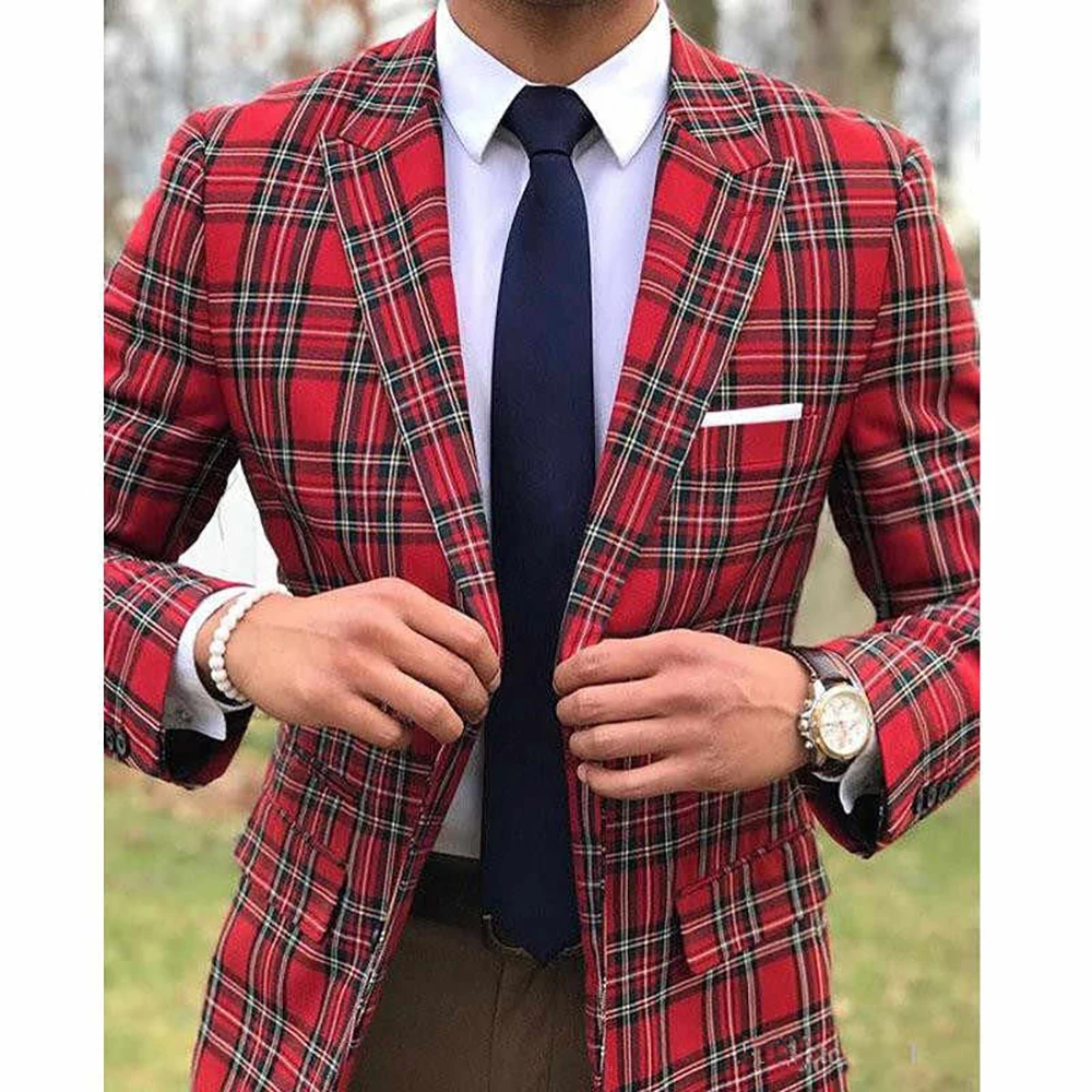 

2023 New Scottish Plaid Men Suits for Wedding Groom Tuxedos Slim Fit Male Fashion Set Peaked Lapel 2 Piece Blazer with Pants