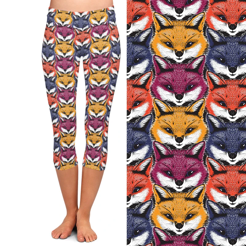 LETSFIND Summer High Waist Women Capri Leggings Colorful Fox Print Soft Fitness Stretch Mid-Calf 3/4 Pants