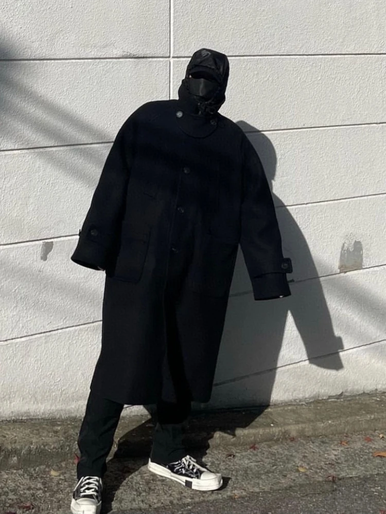 트렌디 한 긴 무릎 위 남성 모직 코트 한국 스타일 바이브 자켓 가을 겨울 패션..