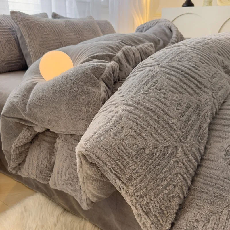 2025 winter model carved rabbit fur milk fleece bed four-piece set coral fleece thickened bed sheet quilt cover fitted sheet kit 2