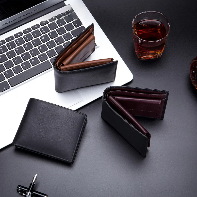 Leather men's RFID shielded ultra-thin wallet, men's short wallet, anti-theft minimalist front pocket wallet