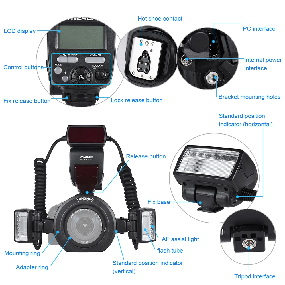 YONGNUO YN24EX Flash Speedlite 5600K with 2pcs Flash Heads and 4pcs Adapter Ring