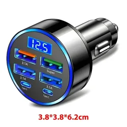 Universal Dual USB Car Charger Adapter with Voltage Display & PD Fast Charging 12 - 24V, 6 - in - 1 Port (1pcs)
