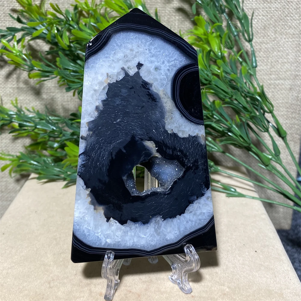 

Stone Natural Black Agate Geode Crystal Wand Mineral Tower Fengshui Obelisk Reiki Meditation Energy Home Decor For Room+Stand