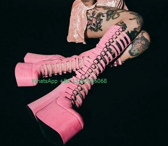 

Женские сапоги до середины икры в стиле панк, привлекательные Дизайнерские Сапоги на массивном каблуке, праздничные богемные ботинки на платформе с пряжкой, черные сапоги больших размеров 46