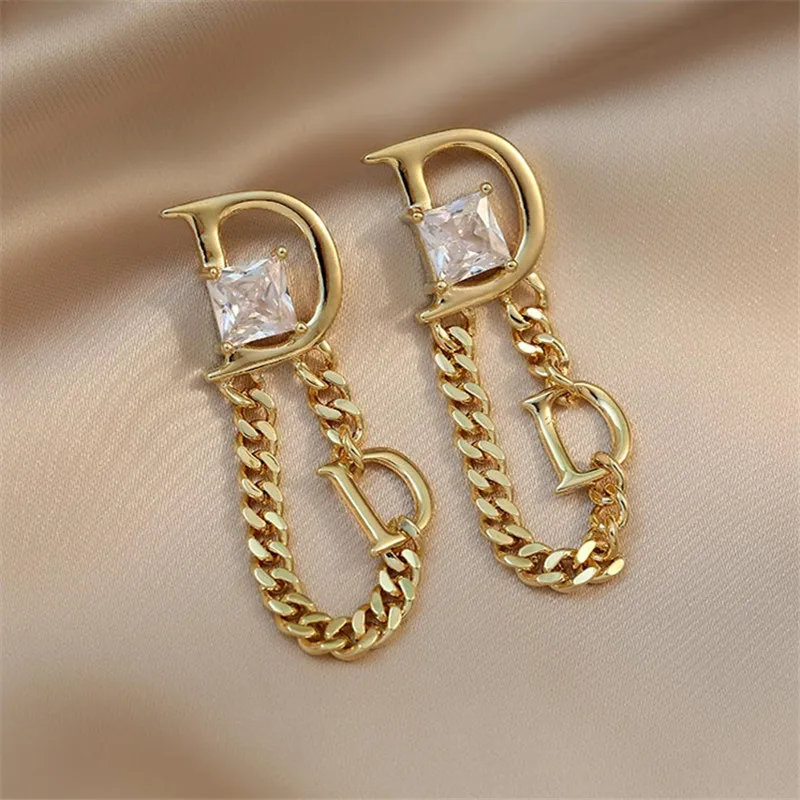 South Korea Design Jewelry Chain Tassel Letter D Square Zircon dangle earrings drop earrings crystal tassel earrings Women's Party Gift Accessories