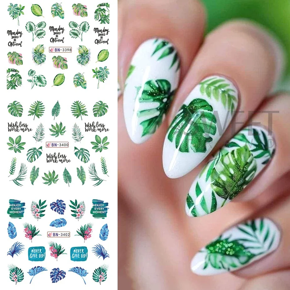 12pcs Summer Tropical Plants Nail Stickers Green Banana Leaves Palm Tree Floral Water Transfer Decals Sliders DIY Manicure Decor