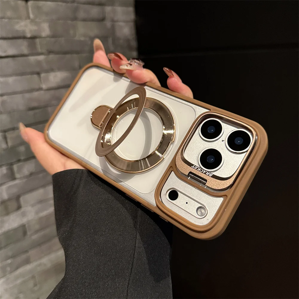 Dual Invisible Folding Magnetic Stand Phone Case with Frosted Frame and Clear Acrylic Cover