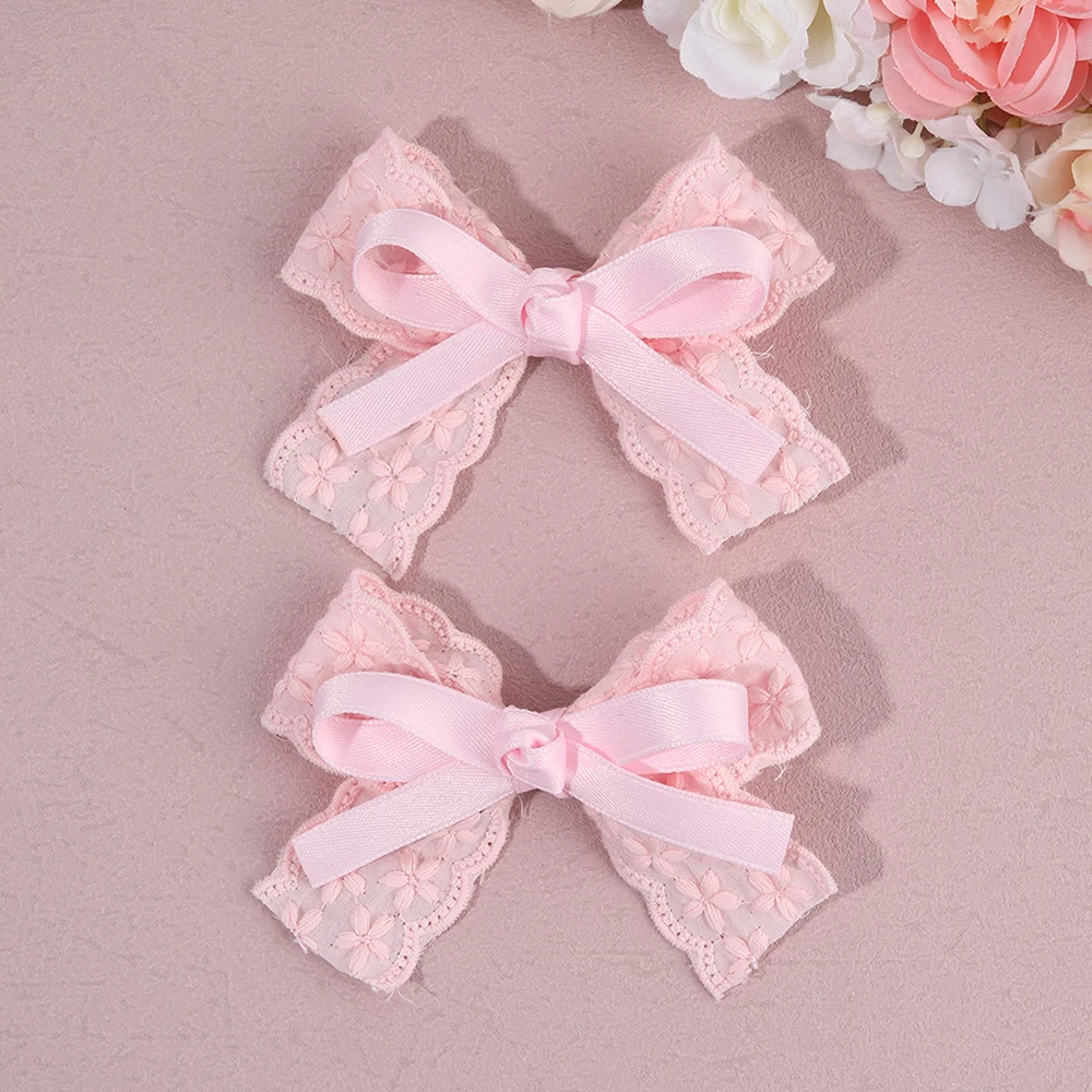 2Pcs/Set Girls Cute Solid Flower Hair Clips White Floral Embroidery Bow Barrette For Children Baby Sweet Headwear Accessories