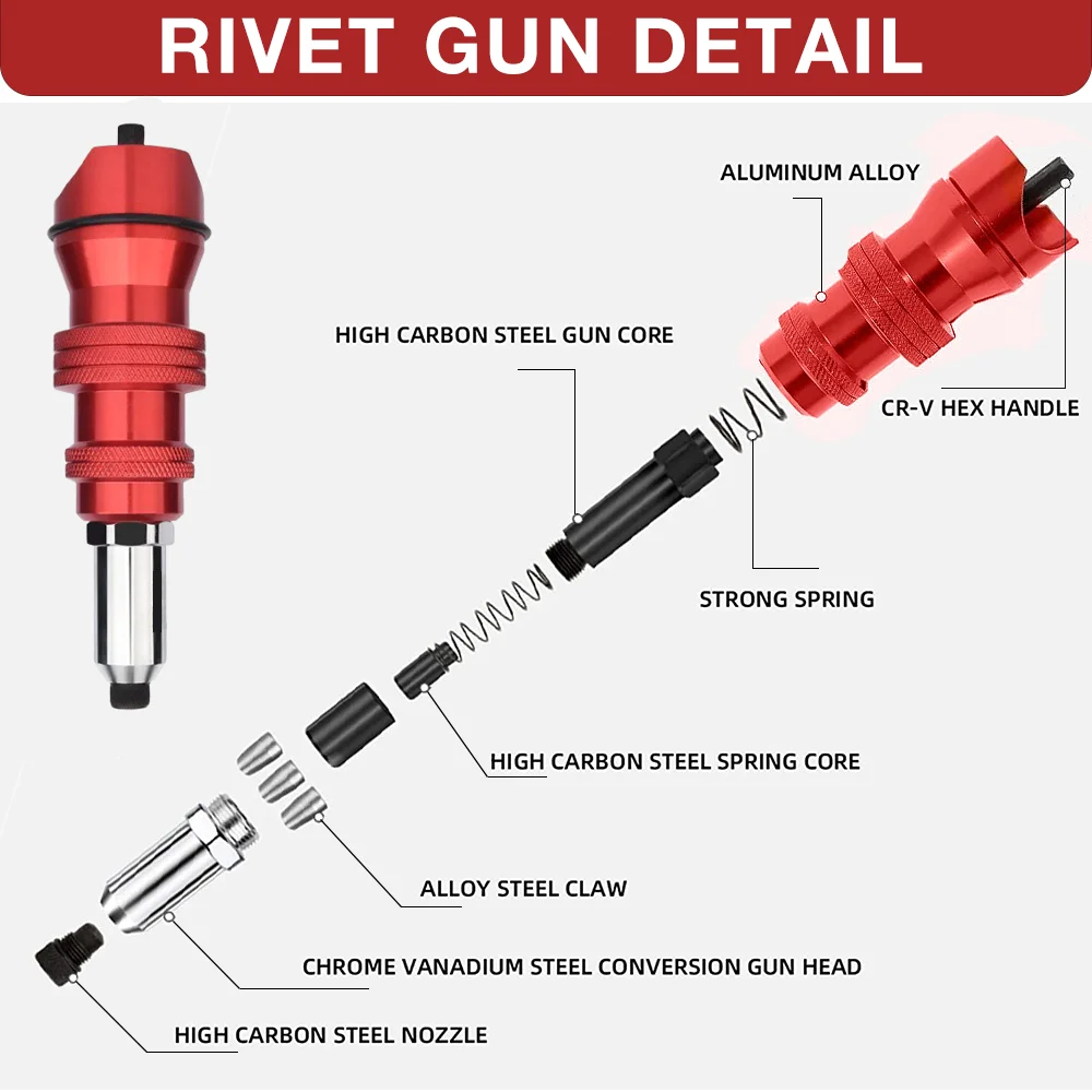 Electric Rivet Gun Adapter 2.4mm-3.2mm-4.0mm-4.8mm Home Core Blind Rivet Gun Aluminum Alloy Riveting Tools Cordless Gun