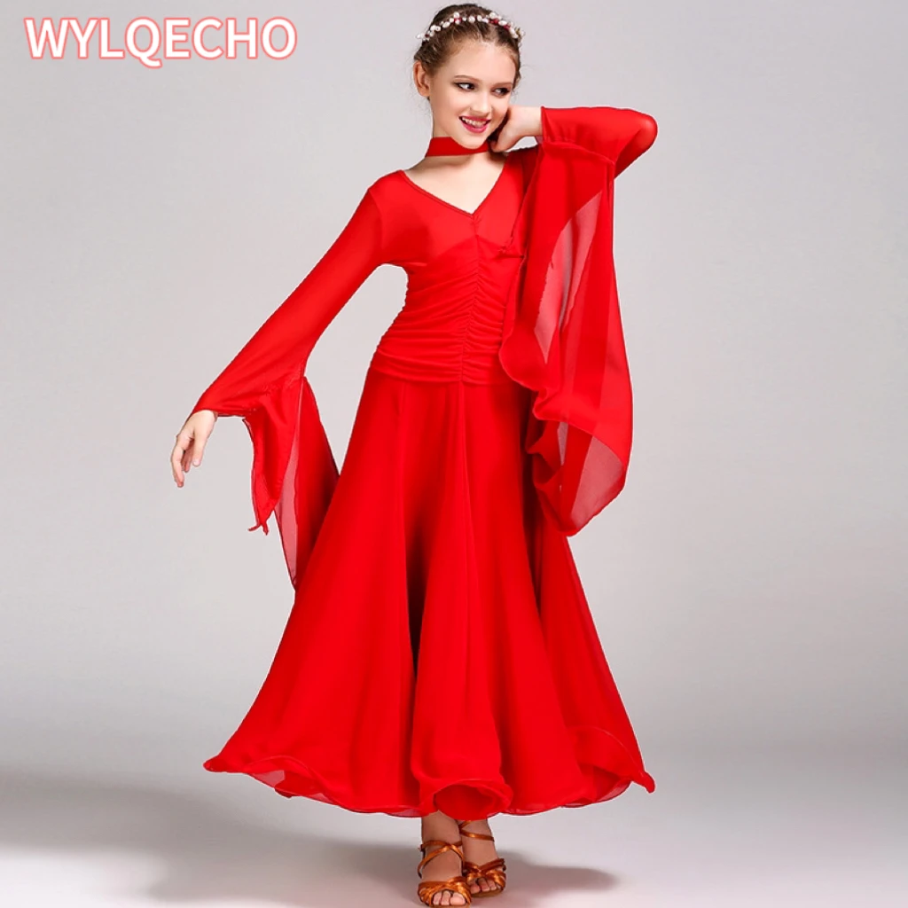 Chiffon Long Sleeves Standard Competition Ballroom Dance Dress Girl Kids One Piece Child Modern Waltz Latin Dancing Dancewear