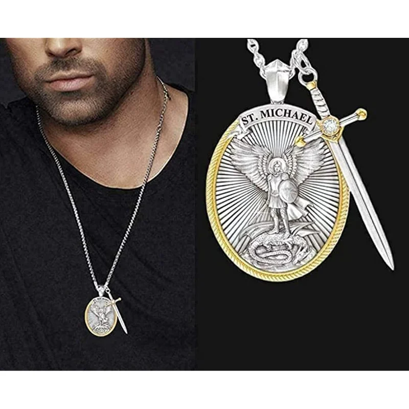 St. Michael Pendant Necklace , Men's Archangel Michael Viking Necklace Pendant, Saint Medal with Sword Shield