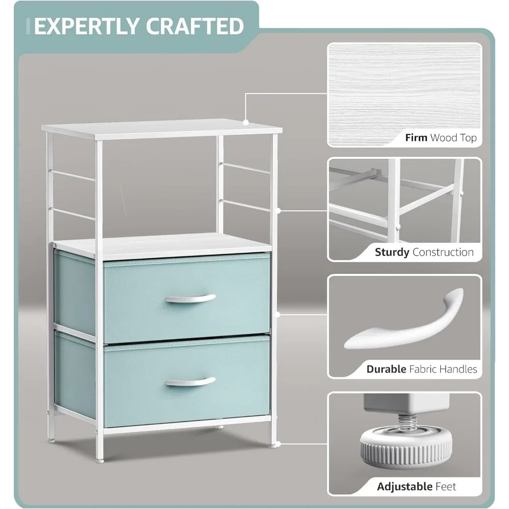 2 Drawer Shelf Storage Nightstand-Kids Bedside Furniture End Table Night Stand with Steel Frame Wood Top