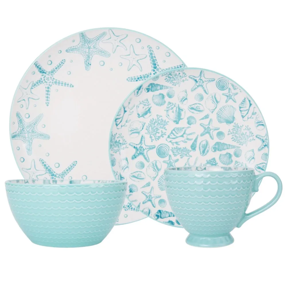 

Venice Teal Stoneware 16 Piece Dinnerware Set in Blue Include Dinner Plate Salad Plate Soup Cereal Bowl and Mugs Durable