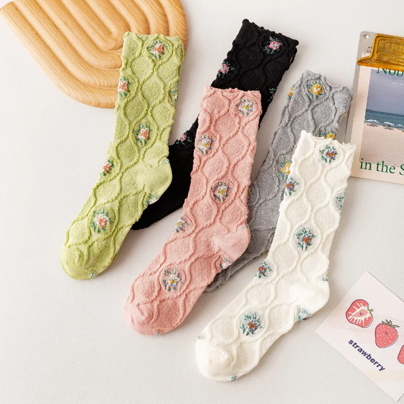 1Pair Korea Fashion Elegant Woman Lovely Floral Harajuku Socks Vintage Ethnic Cotton Candy Color Students Girls Dress Sox Autumn