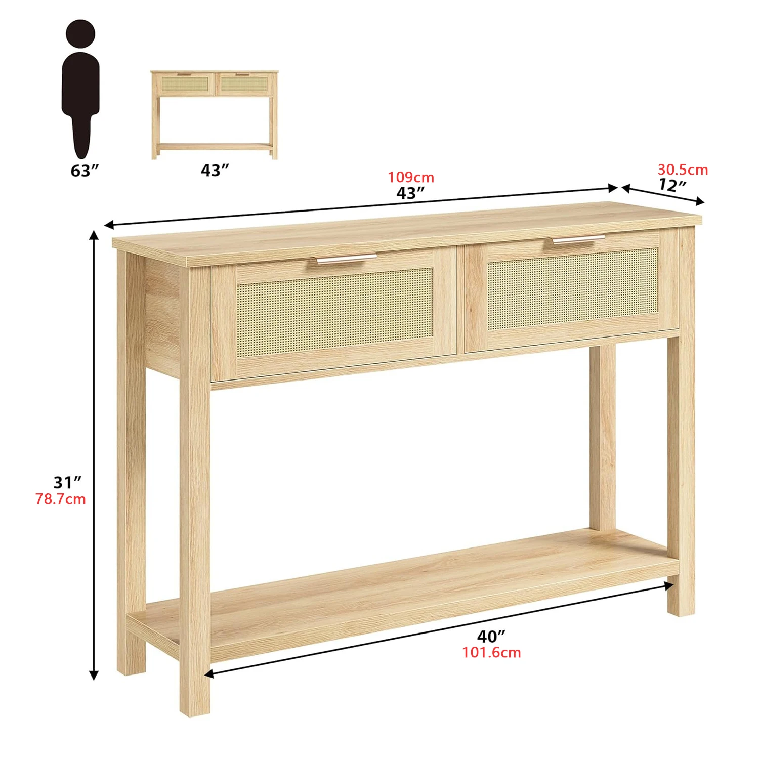 2-Tier Boho Rattan Wooden Entrance Console Table 2 Drawers 2 Shelves Narrow Sofa Table for Living Room Hallway Entrance