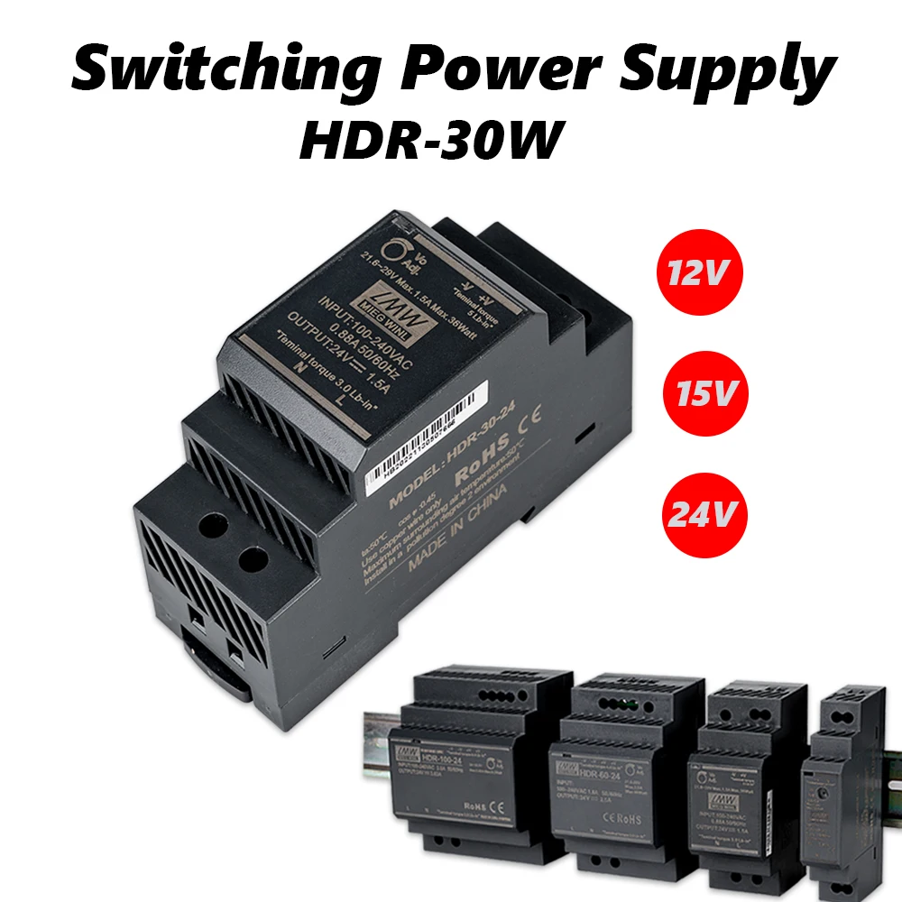 Fonte de Alimentação Comutada Série Hdr 30w Ac-dc 5v 12v 15v 24v 48v Ultra Slim Step Shape Trilho Din Interruptor de Alimentação