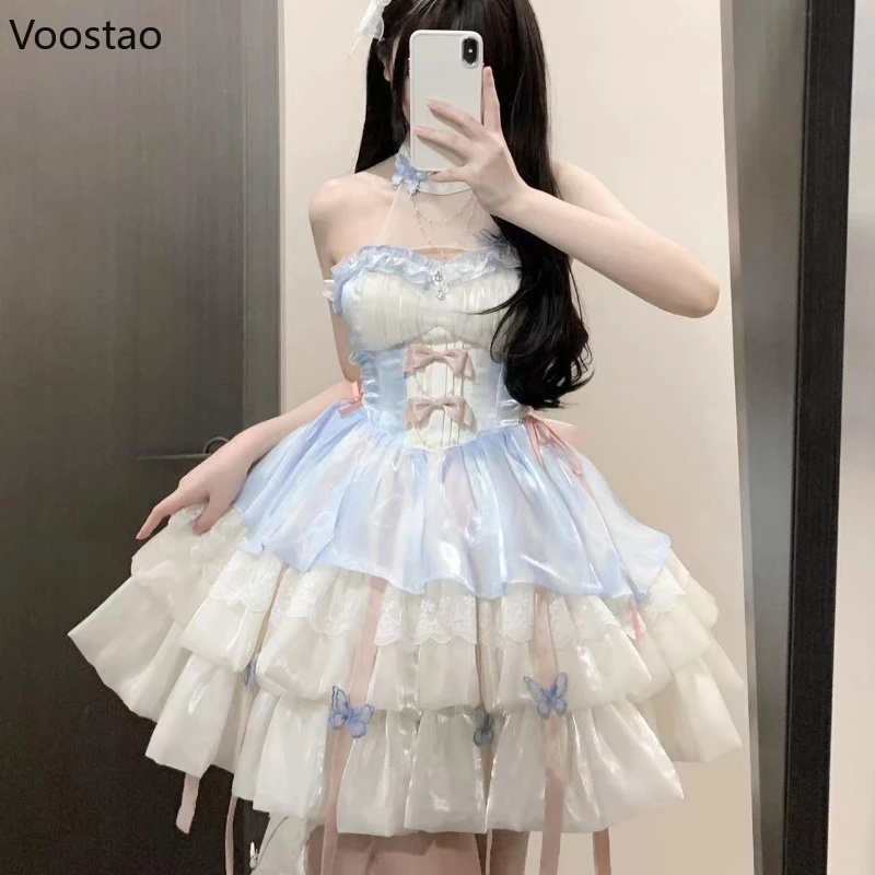 Vintage Victorian Lolita Princess Mini Dress Women Gothic Y2k Bow Lace Ruffles