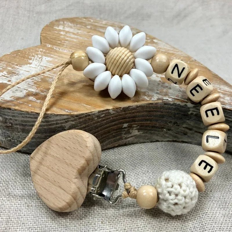 Baby Name Silicone Beads Flower Ring Pacifier Clip Teething Chain Holder