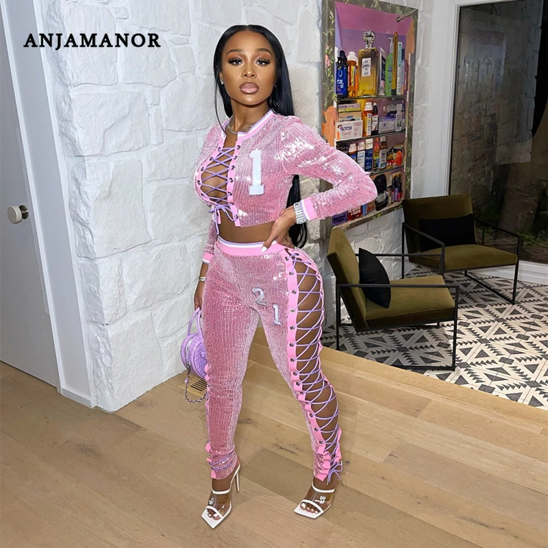 Anjamanor Sexy Bling Sequin Two Piece 