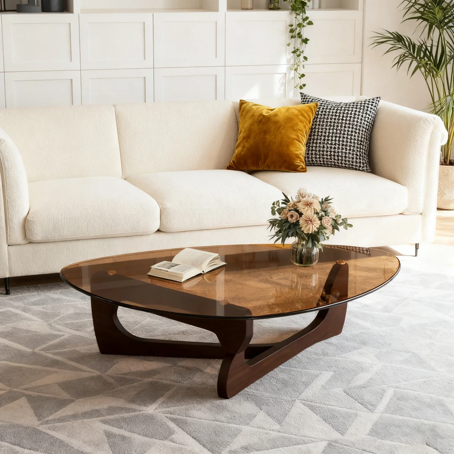 FATIVO Modern Irregular Glass Coffee Table – Amber Tempered Top 4