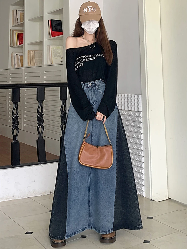 Women's A Line Denim Skirt, Maxi, Long, Casual, Floor-Length