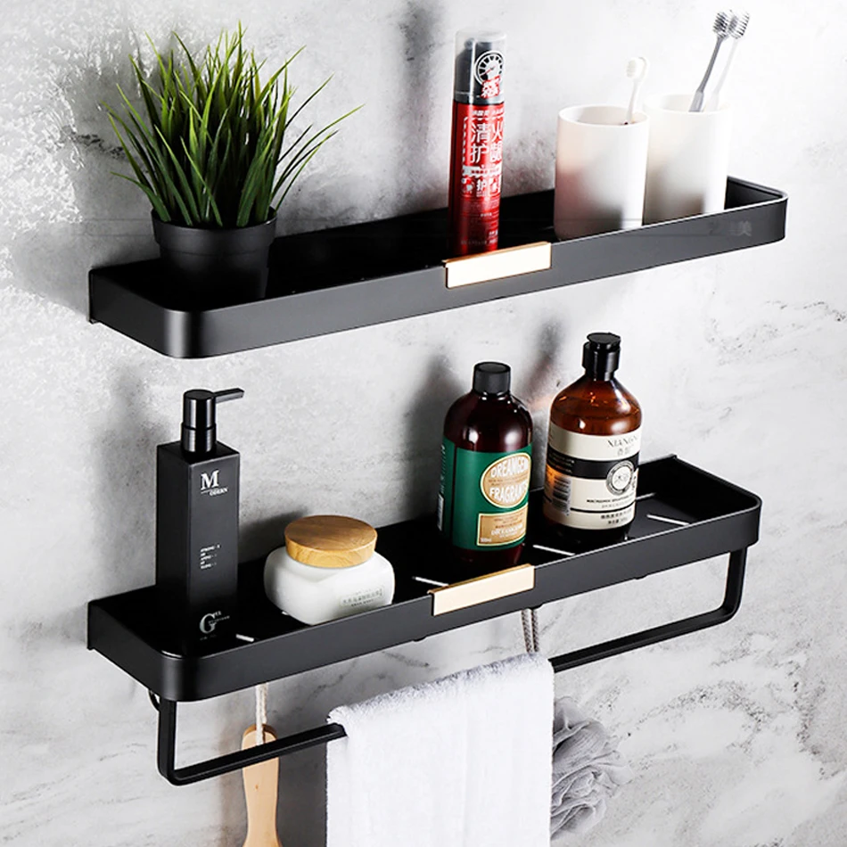 

Полка для ванной черная Золотая с крючками, алюминиевый органайзер для хранения шампуня, мыла, ванной комнаты, кухни, ванной