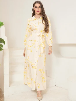 Elegant Long Shirt-Sleeve Dress with Chain Print Design, Belt & Pocket - Sophisticated Collared Neck, Button Details 5