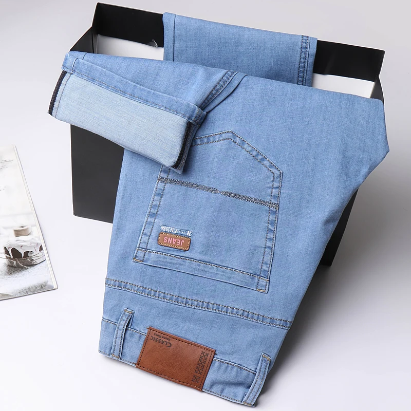 New Thin Denim Jeans Men's Blue Straight Stretch Cotton Pants High Quality Business Casual Lightweight Pants Summer Autumn 4