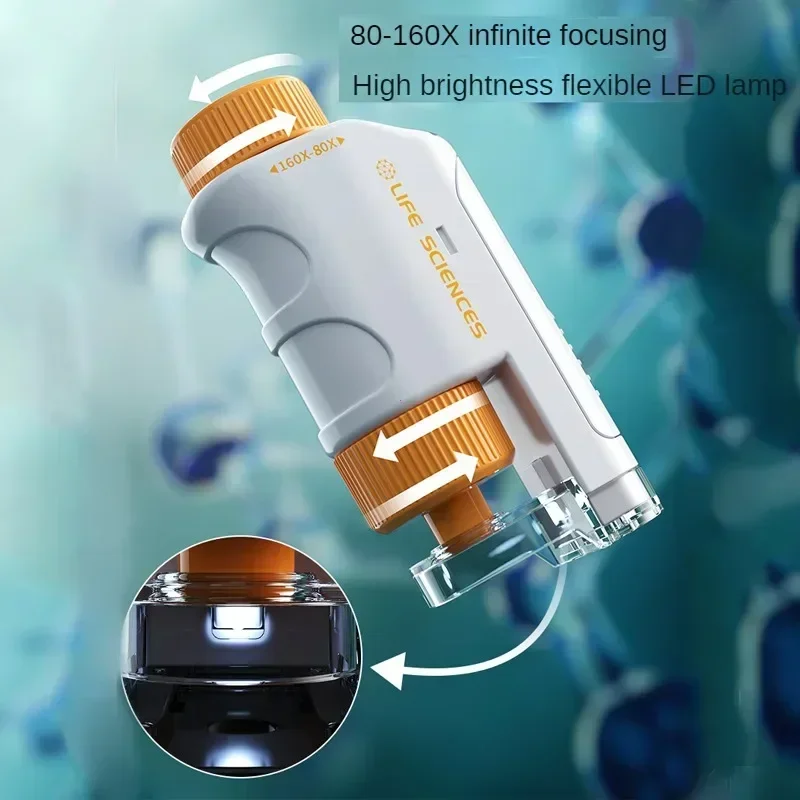 Handheld Microscope Kit Lab LED Light 80X-160X Home School Biological Science Educational Toy for Children Birthday Gift Outdoor