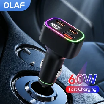 Caricabatterie da auto USB a 3 porte da 60W con ricarica rapida, doppia PD QC3.0, display digitale a LED, adattatore per iPhone, Samsung, Huawei