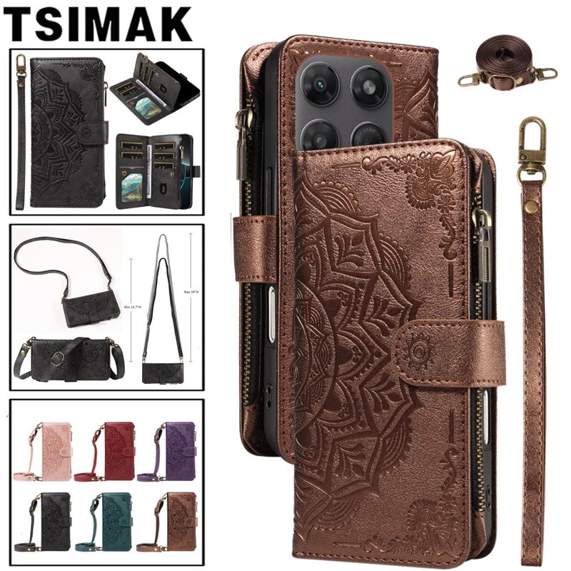 Leather Zipper Wallet Phone Case with 9-Card Holder & Embossed Design