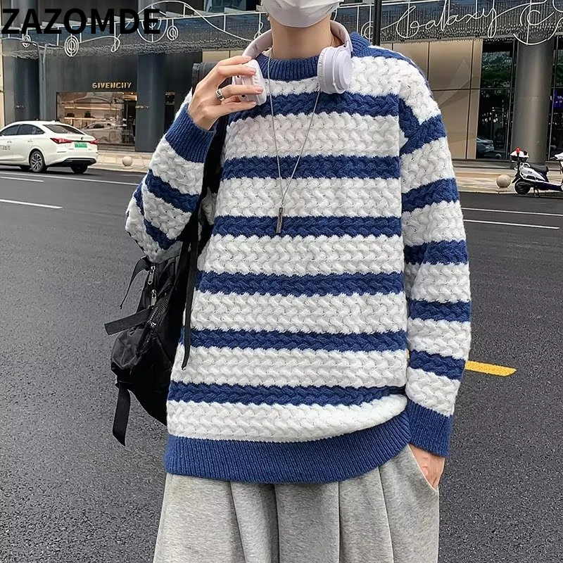 

ZAZOMDE Striped Sweater Pullovers Men Winter Basic Teens Students Crewneck Handsome Streetwear Unisex Clothing Baggy Fashion Men