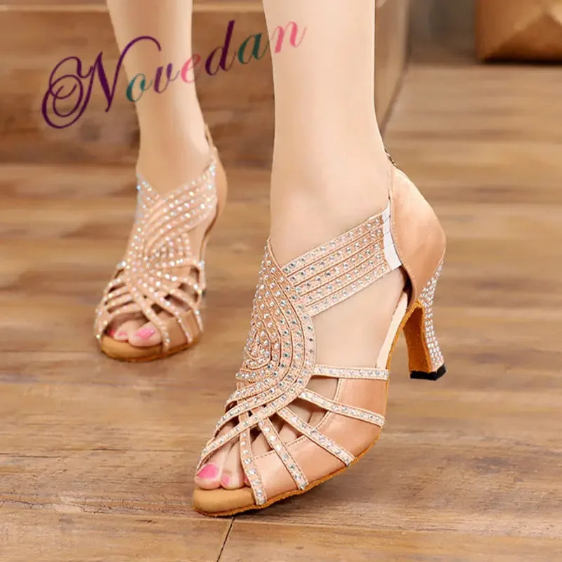 Women Party Dance Shoes Satin Shining Rhinestones Outdoor/Ballroom Latin Dance Shoes Woman Salsa Dance Shoes Custom High Heels 4
