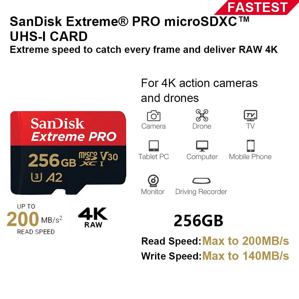 SanDisk 익스트림 프로 마이크로 SD UHS-I 메모리 카드, 마이크로 SD TF 카드, 카메라 DJI용, 32GB, 256G, 512GB, 64GB, 1TB, 200 MB/s, C10, U3, V30,