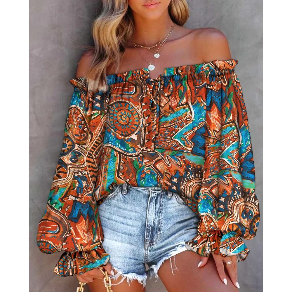 

Sexy Women Tribal Print Off Shoulder Long Lantern Sleeve Tied Detail Decor Female Top Blouses Casual Loose Tops Beach Wear