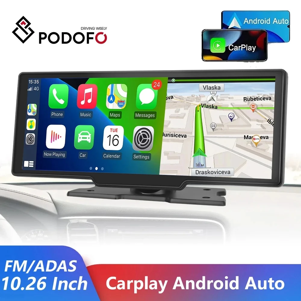 Podofo sans Fil Carplay Android Auto Voiture Dash Cam 5 HD Écran Tactile  4K Caméra Frontale Enregistreur vidéo de Conduite,Bluetooth/SD/TF, Support  à