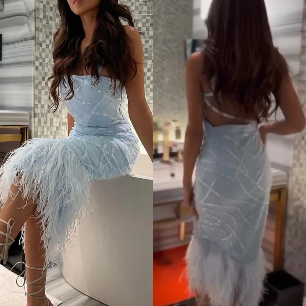 

Sparkle Matching Spaghetti strap Sheath Cocktail Dresses Paillette / Sequins Feathers Open back Charmeuse Evening