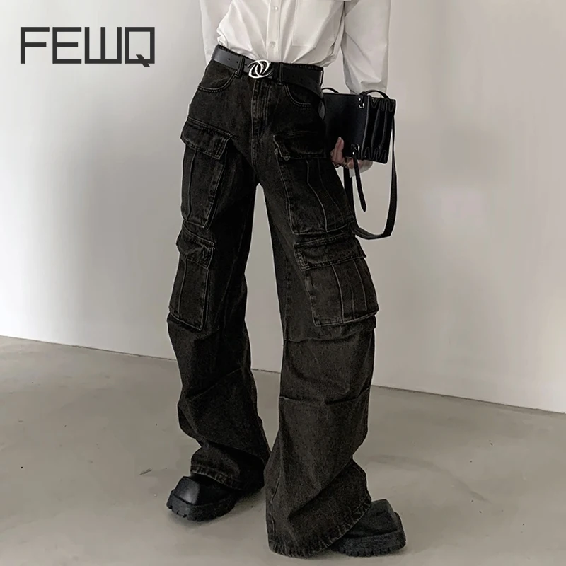 

FEWQ Men's Jeans Autumn Multi Pocket Work Pants Men's American Straight Leg Design Wide Leg Male Trousers Fashion 24X1856